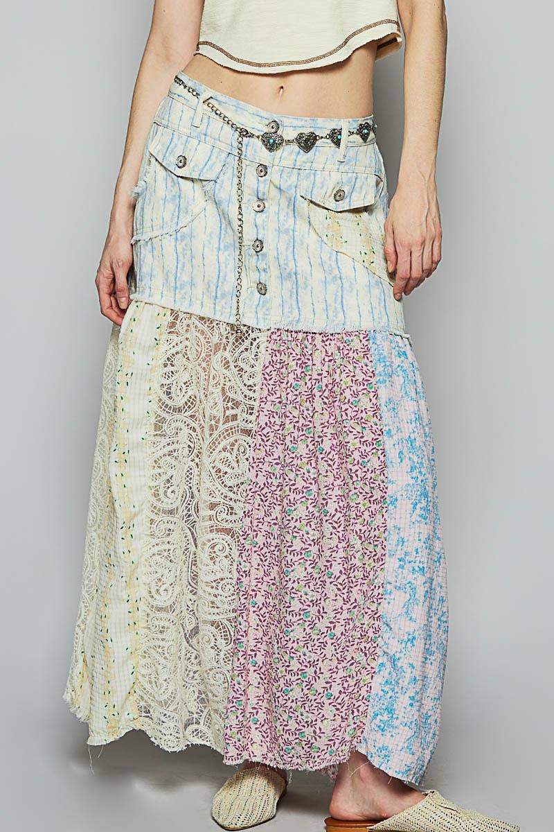 Woven floral print mixed skirt