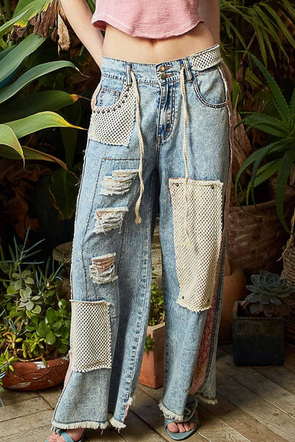 Stud detail woven denim pants