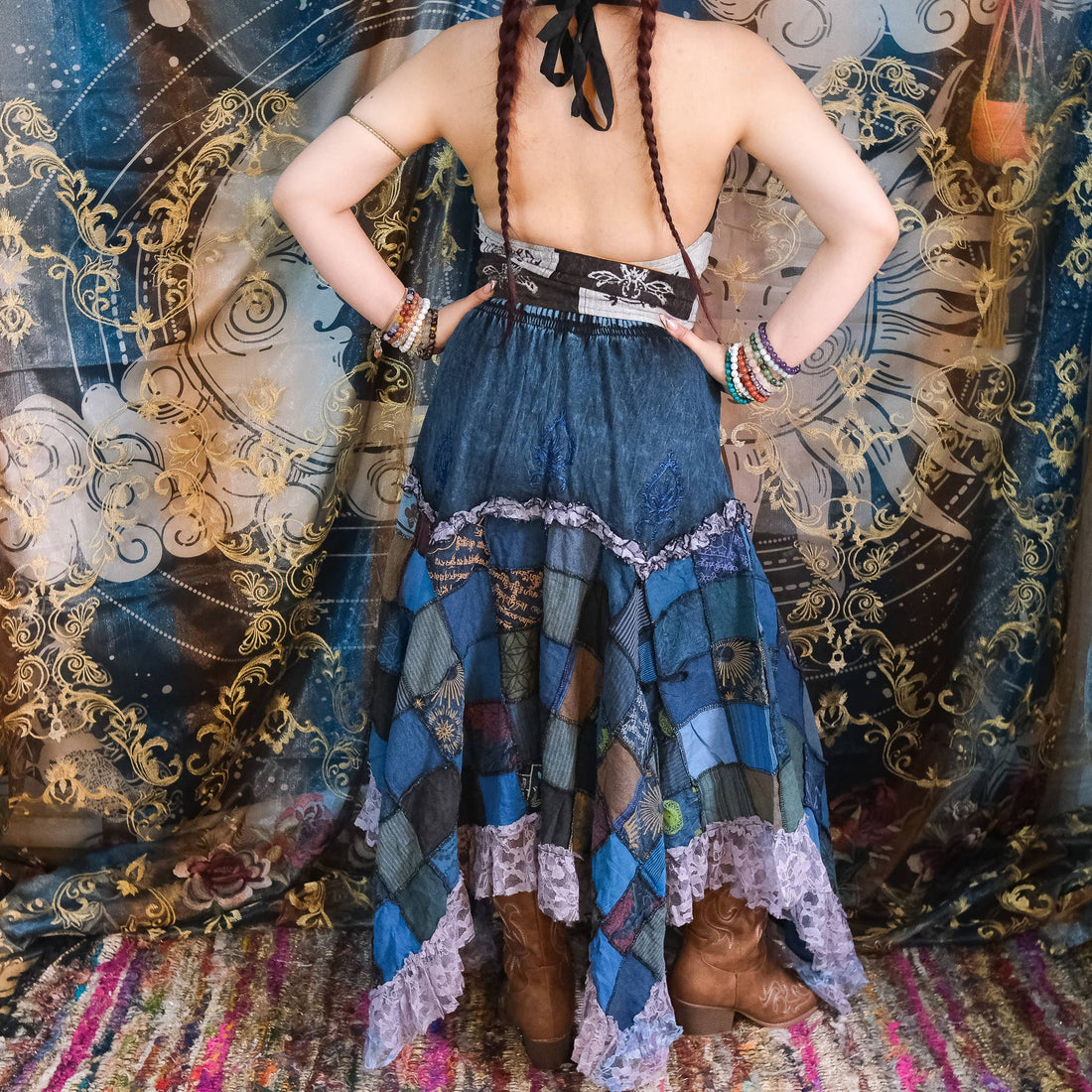 Patchwork Asymmetrical Flowy Skirt with Lace