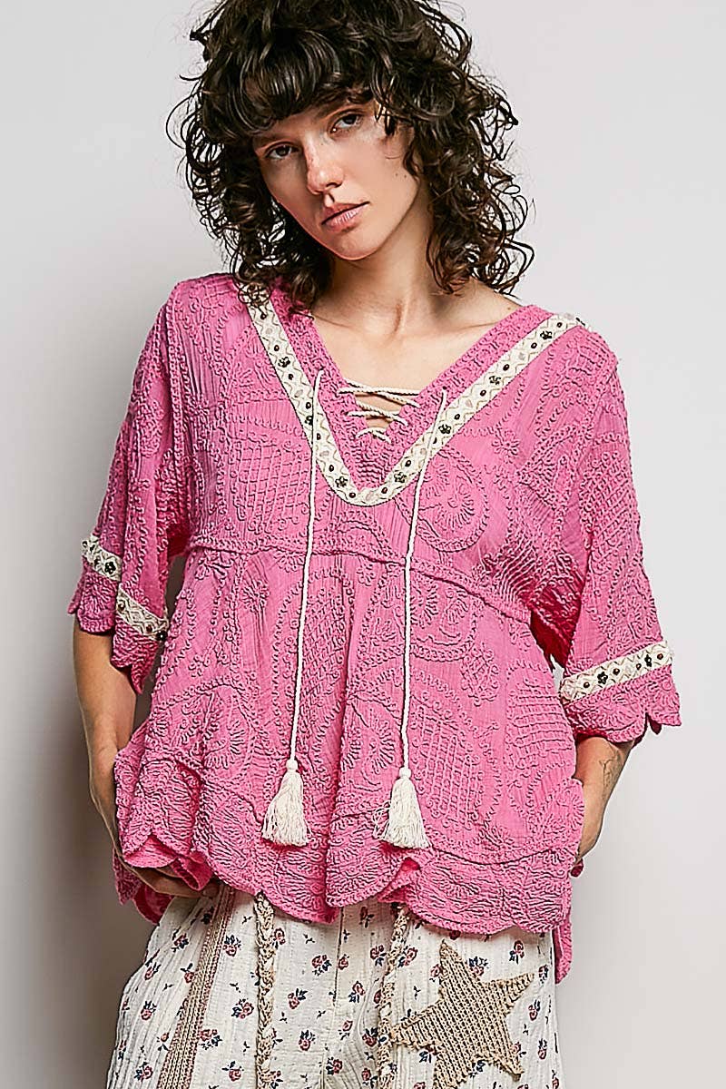 Short Sleeve Crochet V Neck Top