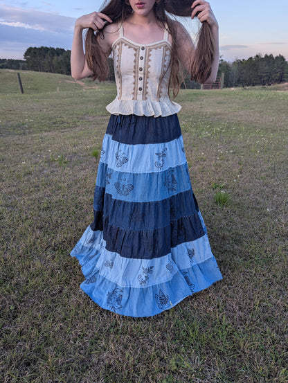 Patchwork Denim Long Maxi Skirt with Pockets