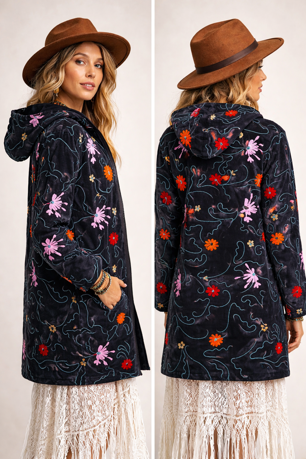 Boho Embroidered Velvet Hoodie