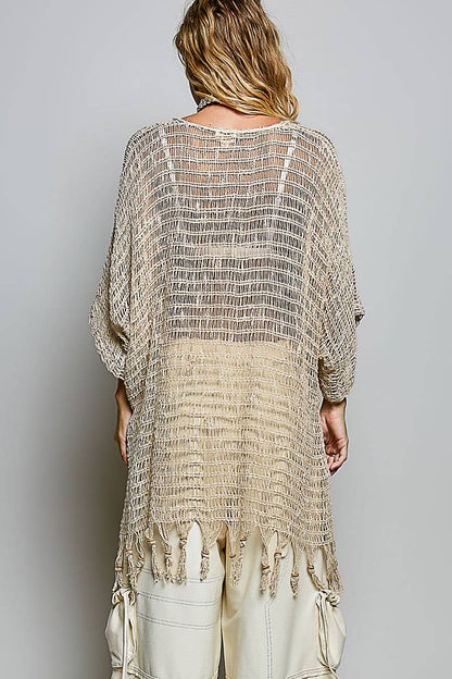 Open Knit Tassel Fringe Poncho Top