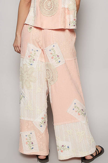 Solid Lace Patch Detail Woven Pants