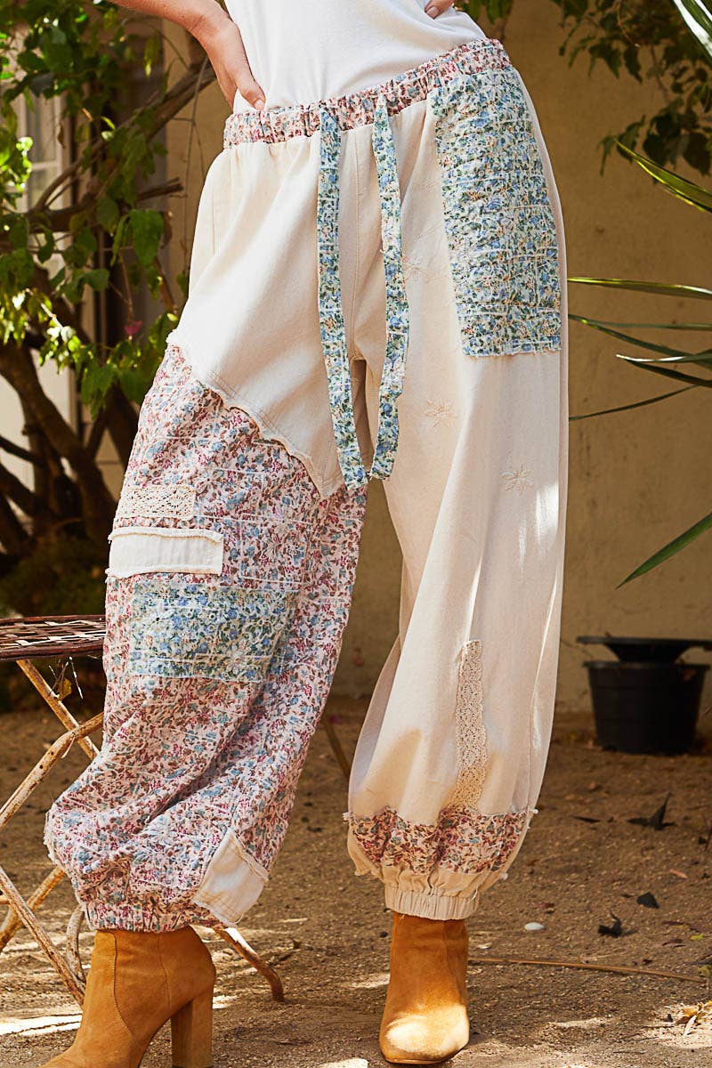 Floral print patchwork twill Jogger pants