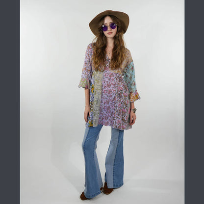 Floral Patchwork 1/2 Sleeve Kurtha Top