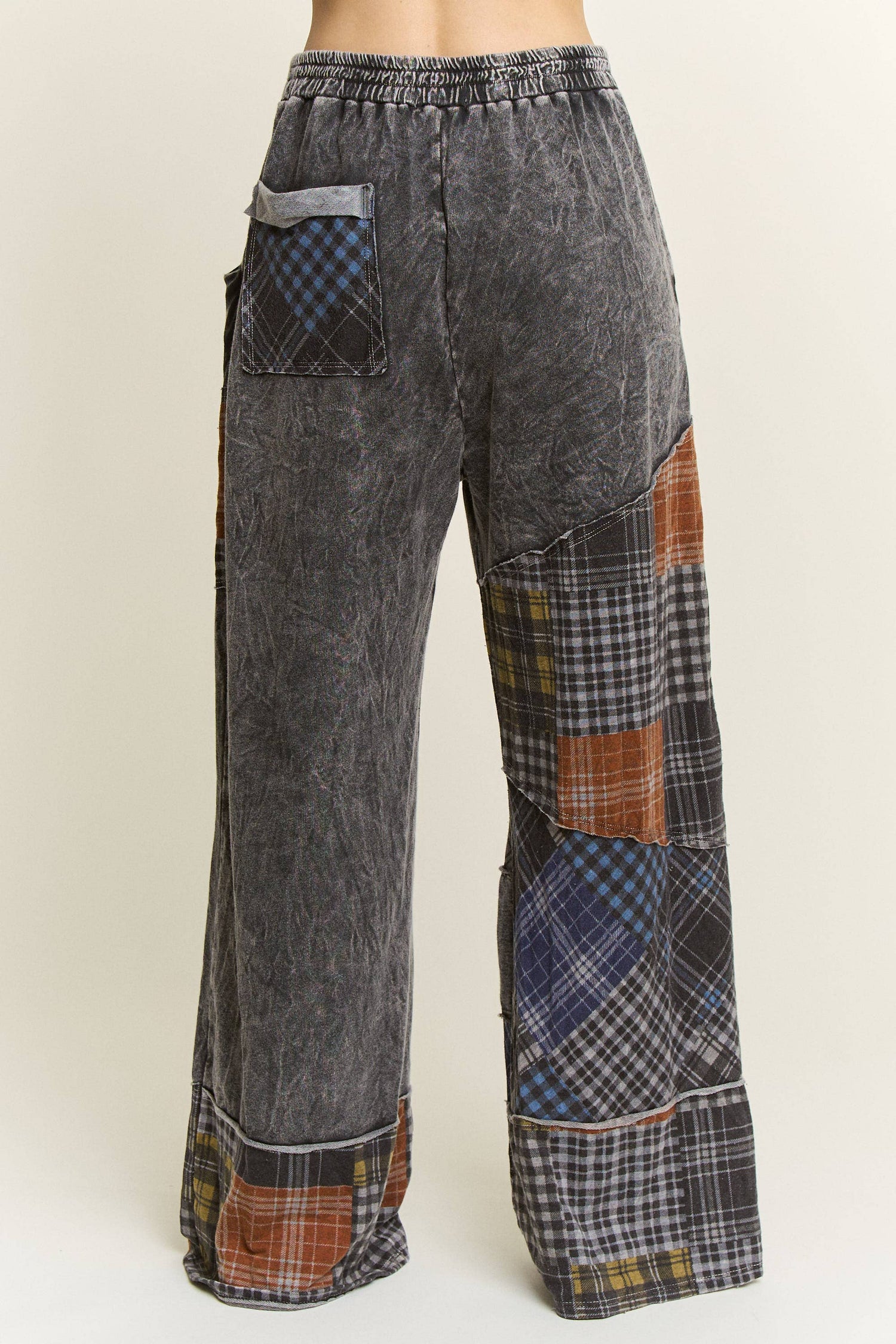 Mineral Washed Boho Plaid Patchwork Wideleg Pants