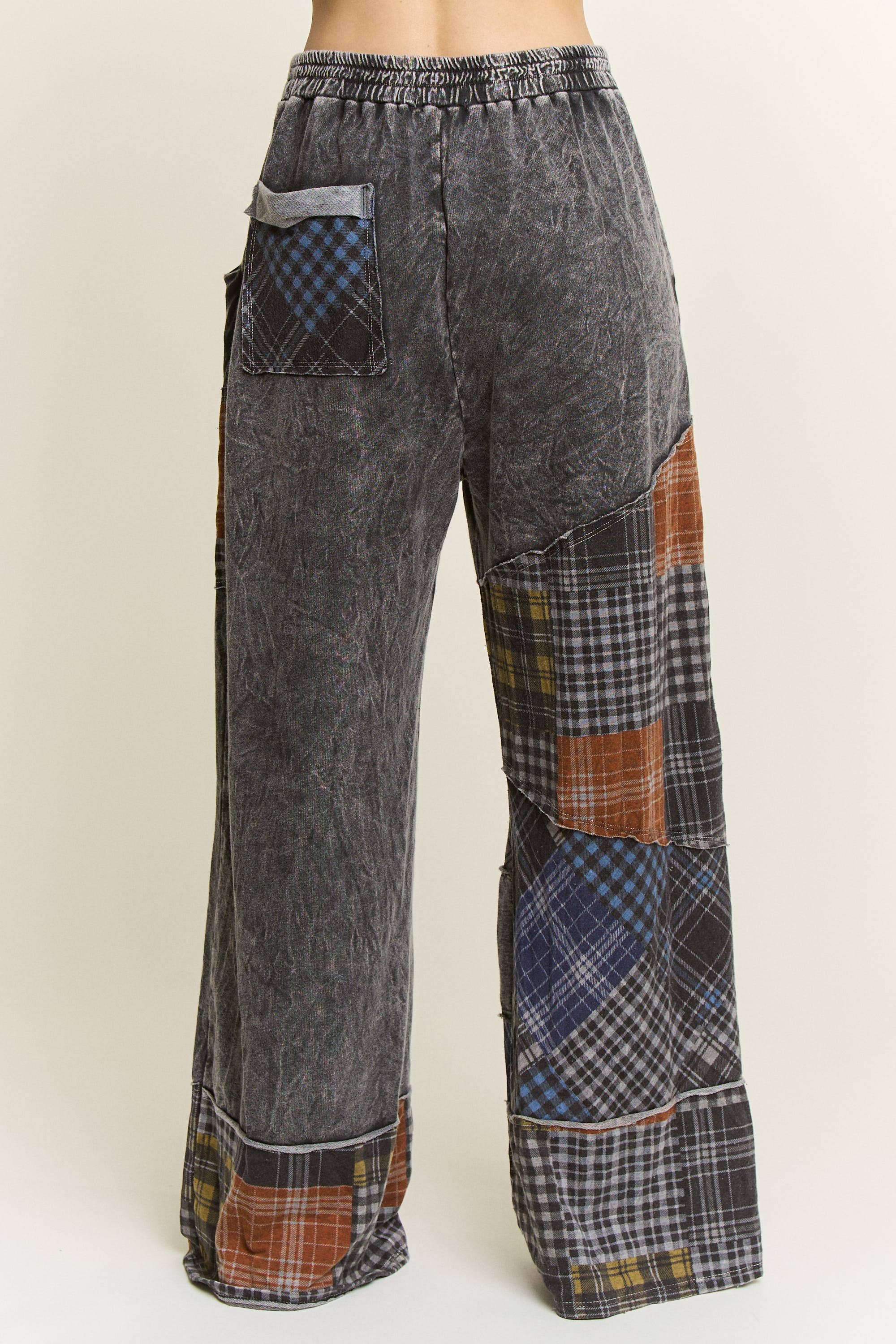 Mineral Washed Boho Plaid Patchwork Wideleg Pants
