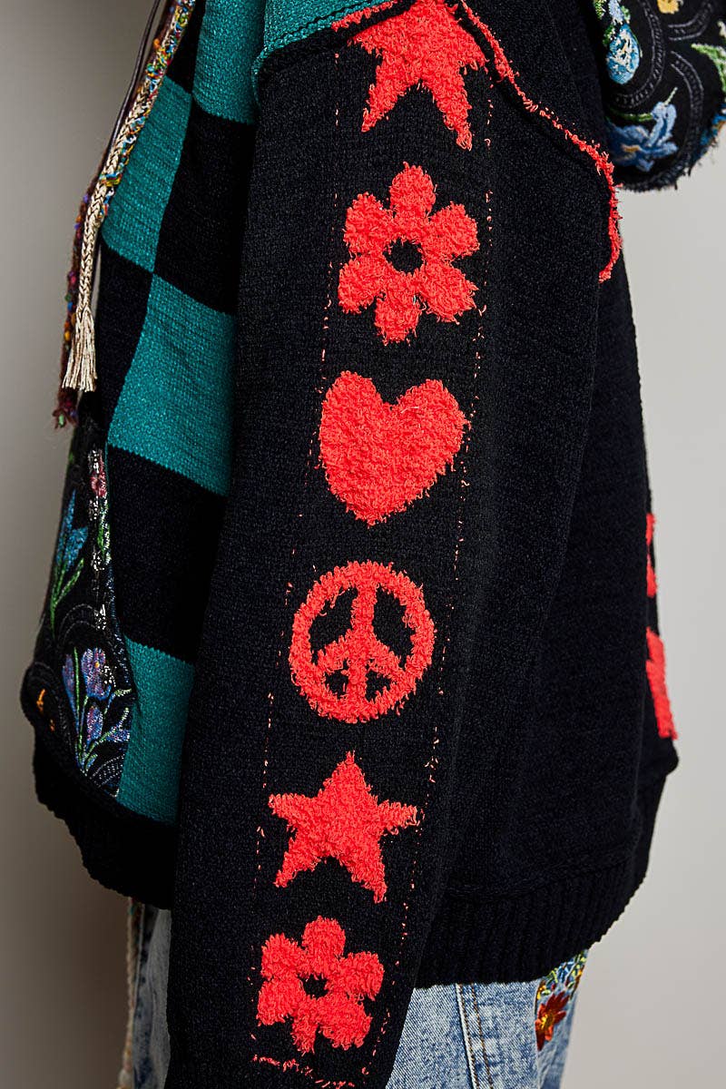Checkerboard Floral Jacquard Knit Hoodie
