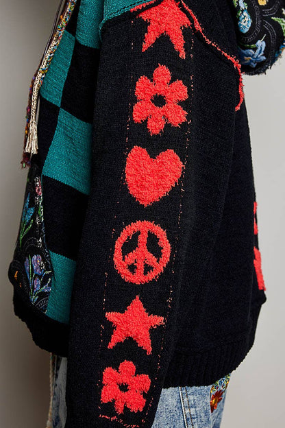 Checkerboard Floral Jacquard Knit Hoodie