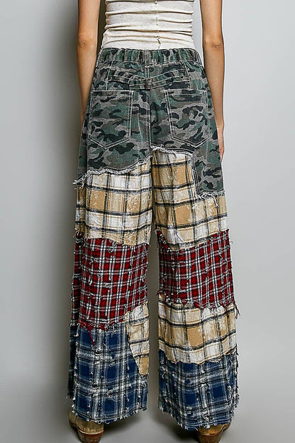Patchwork Buckle Back Woven Pants
