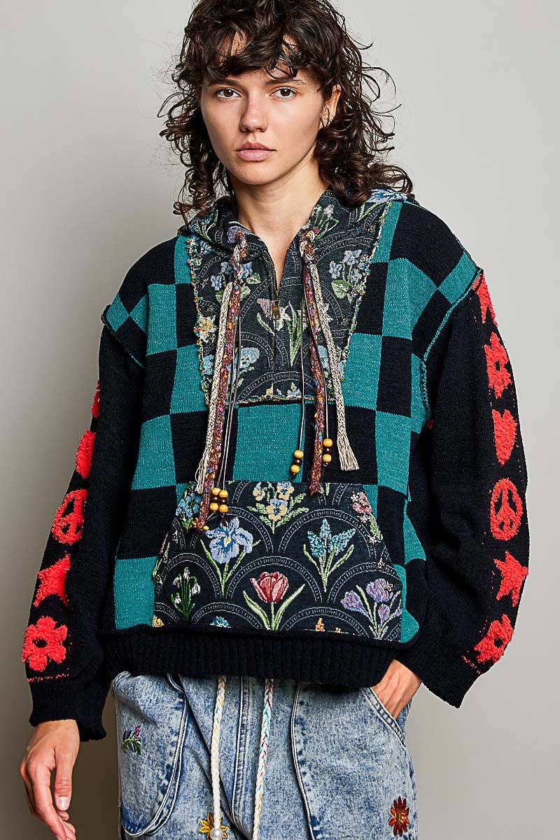 Checkerboard Floral Jacquard Knit Hoodie