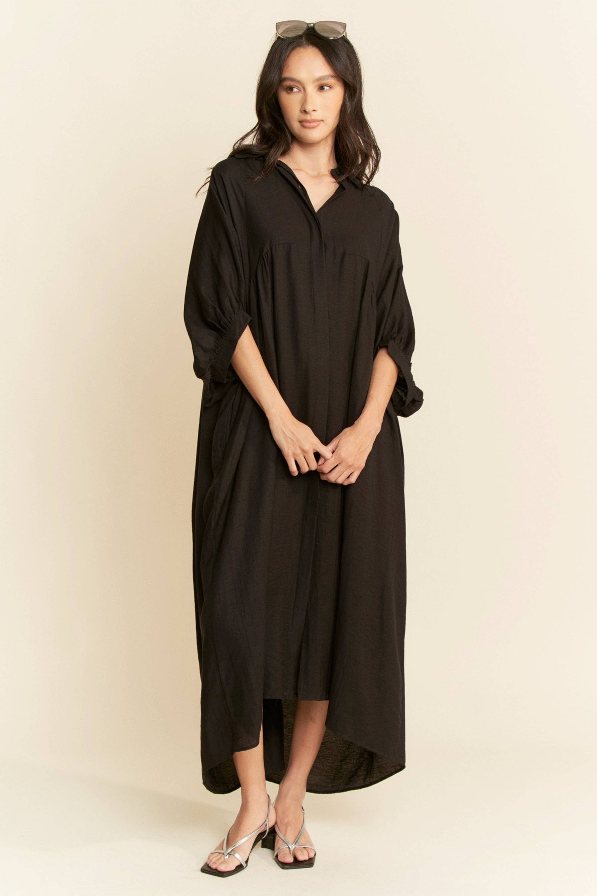 Oversized Twist-Back Collared Maxi Shirt Dress