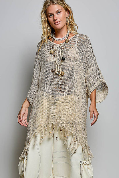 Open Knit Tassel Fringe Poncho Top