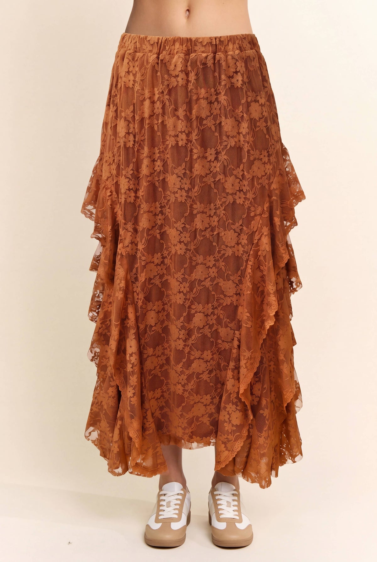 Sheer Floral Lace Ruffle Skirt