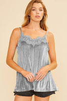 PLEATED A LINE VELVET LACE CAMI TOP