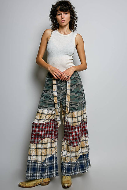 Patchwork Buckle Back Woven Pants