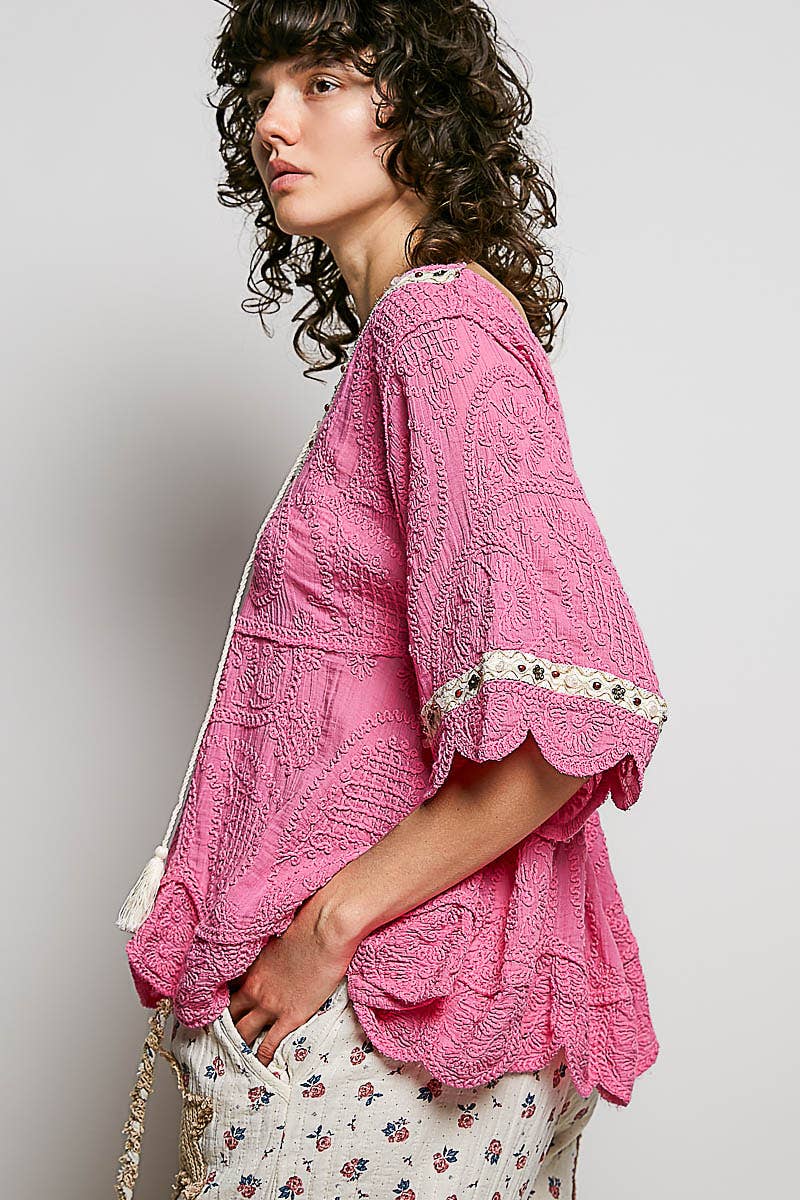 Short Sleeve Crochet V Neck Top