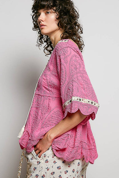 Short Sleeve Crochet V Neck Top