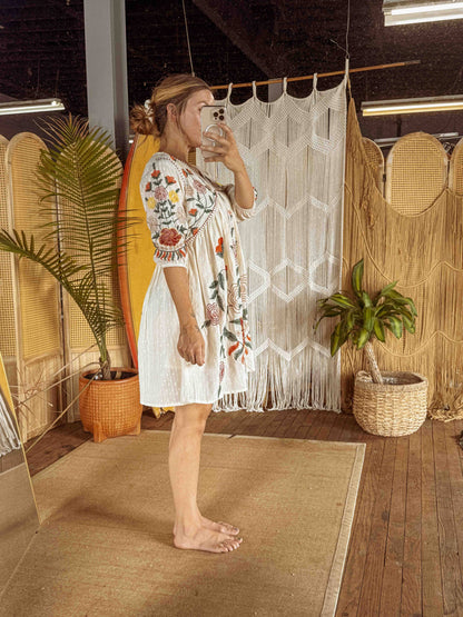 Boho Embroidered Floral Cotton Dress