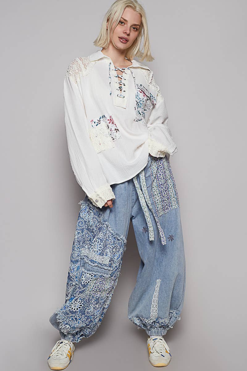 V-neck Contrast Double Gauze Top