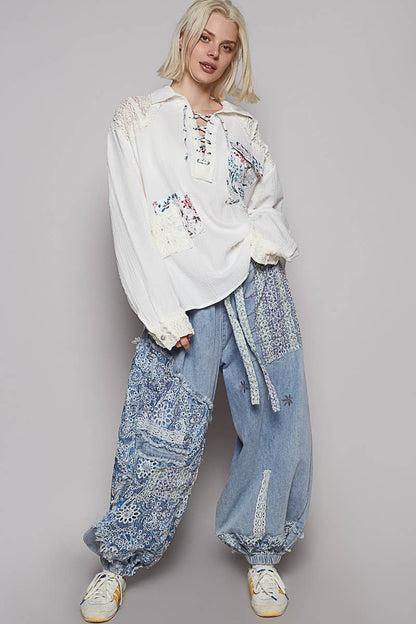 V-neck Contrast Double Gauze Top
