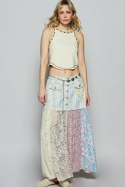 Woven floral print mixed skirt