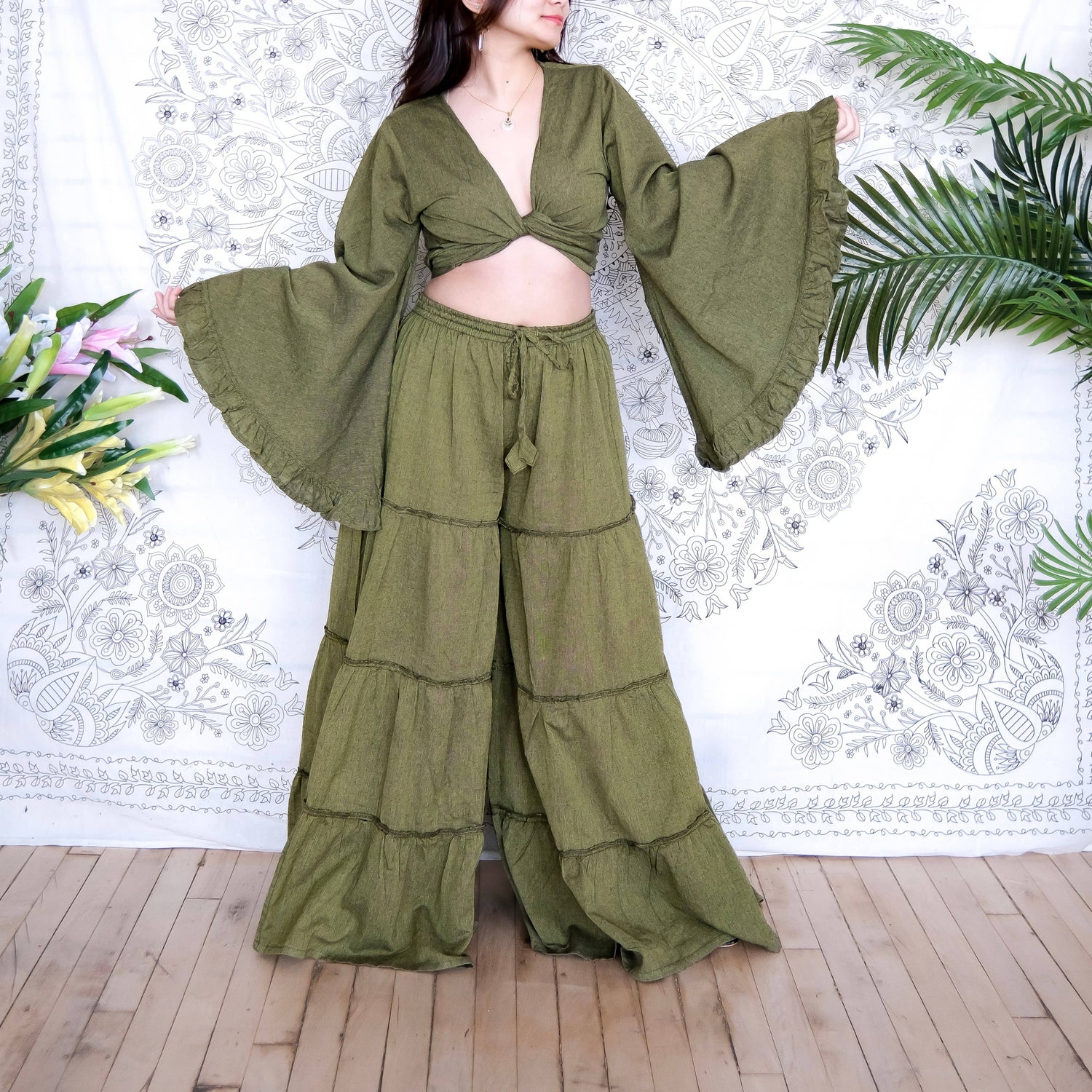 Cotton Flowy Tiered Pant with Ruffle Sleeve Set