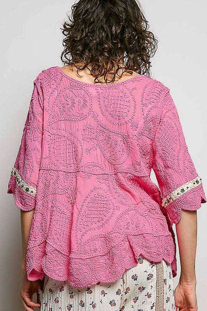 Short Sleeve Crochet V Neck Top