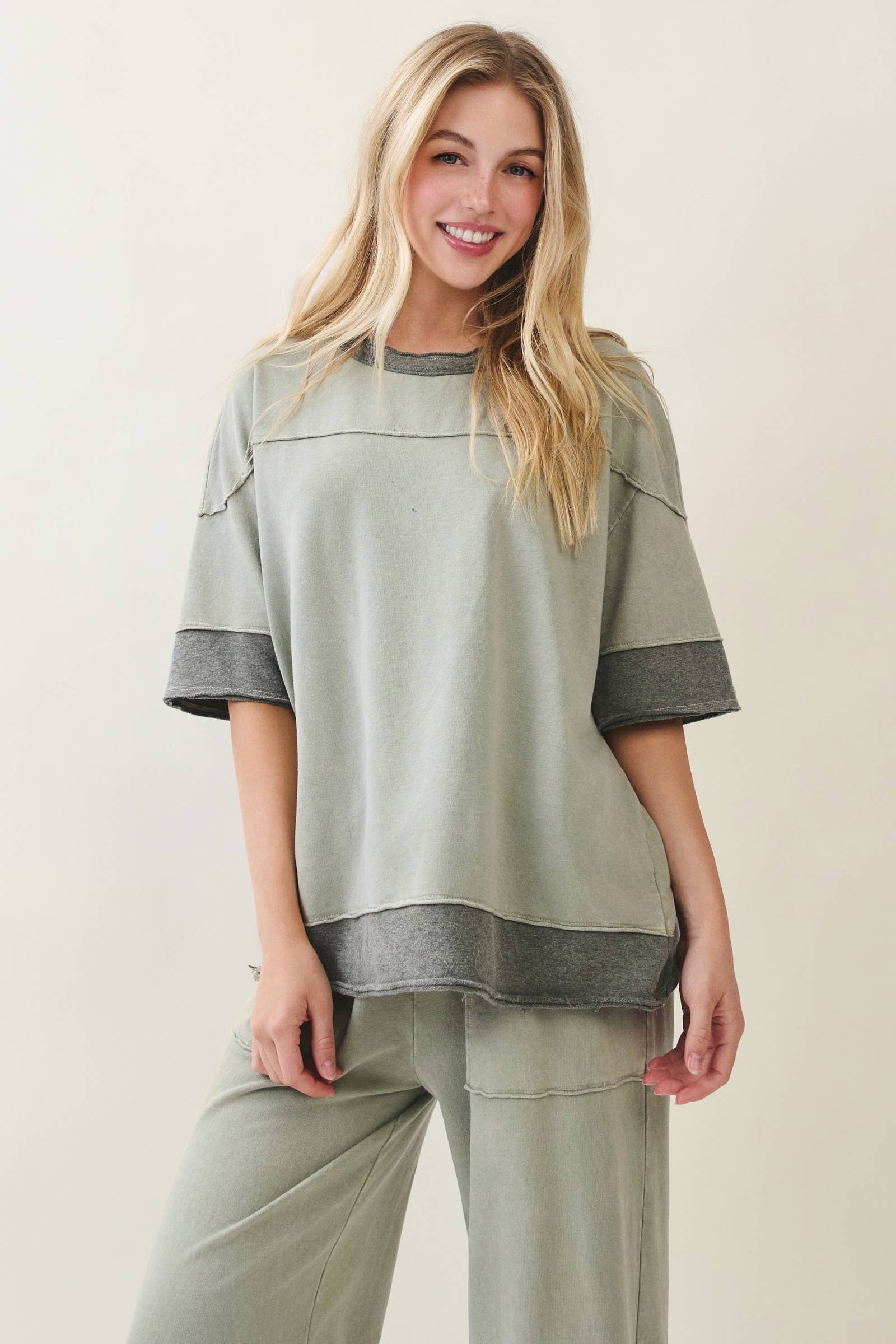 Mineral Washed Contrast Block Terry Top