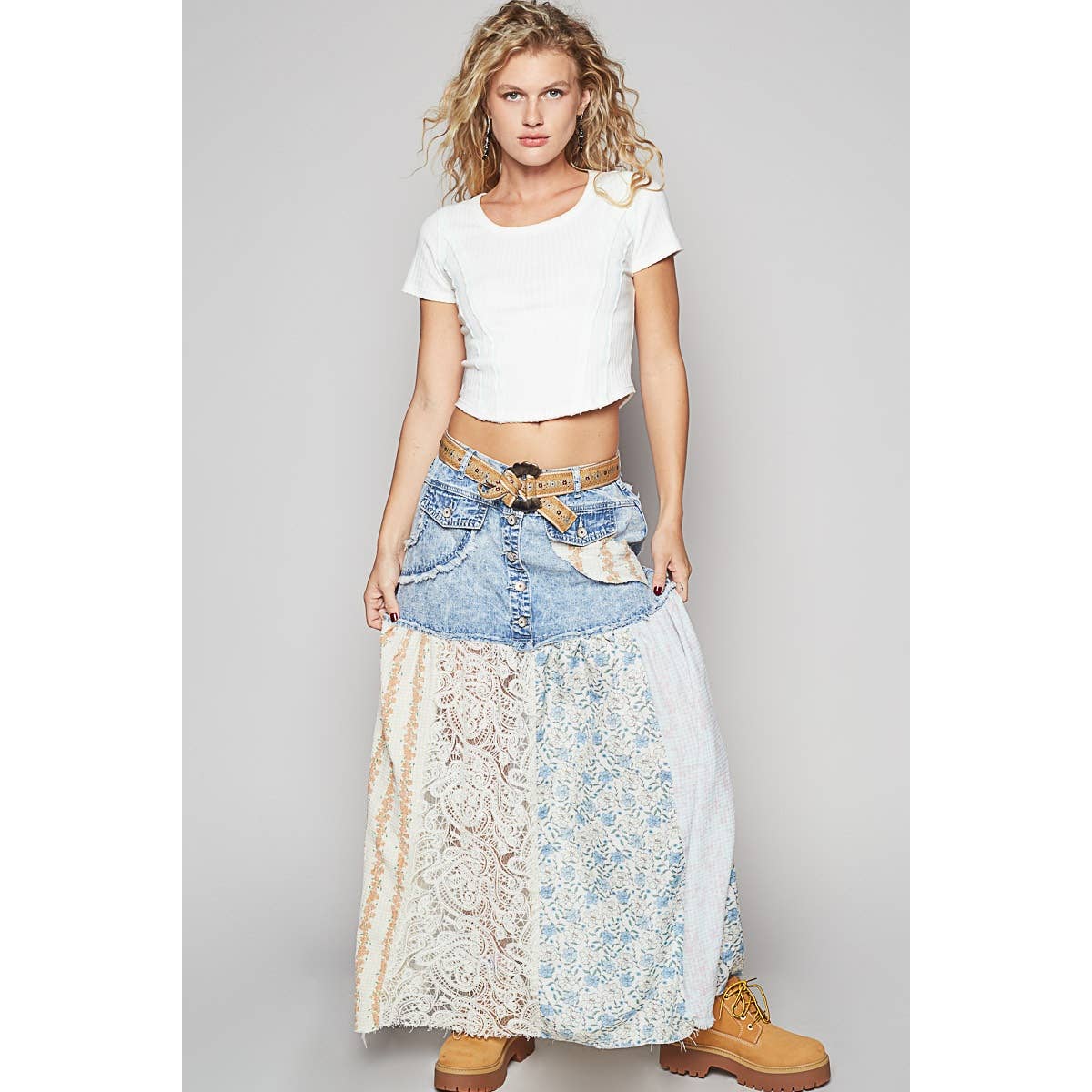 Woven floral print mixed skirt