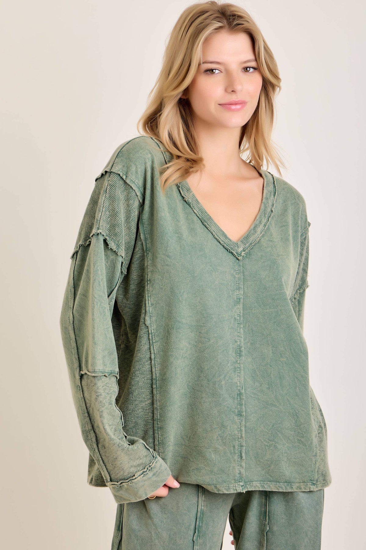 Mineral Washed Sweater Weather Vneck Knitted Top