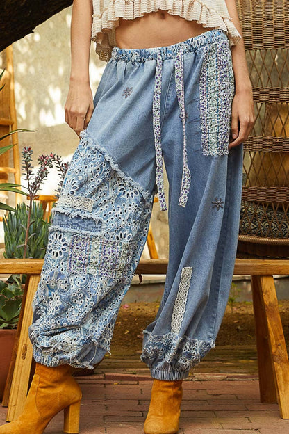Floral print patchwork twill Jogger pants