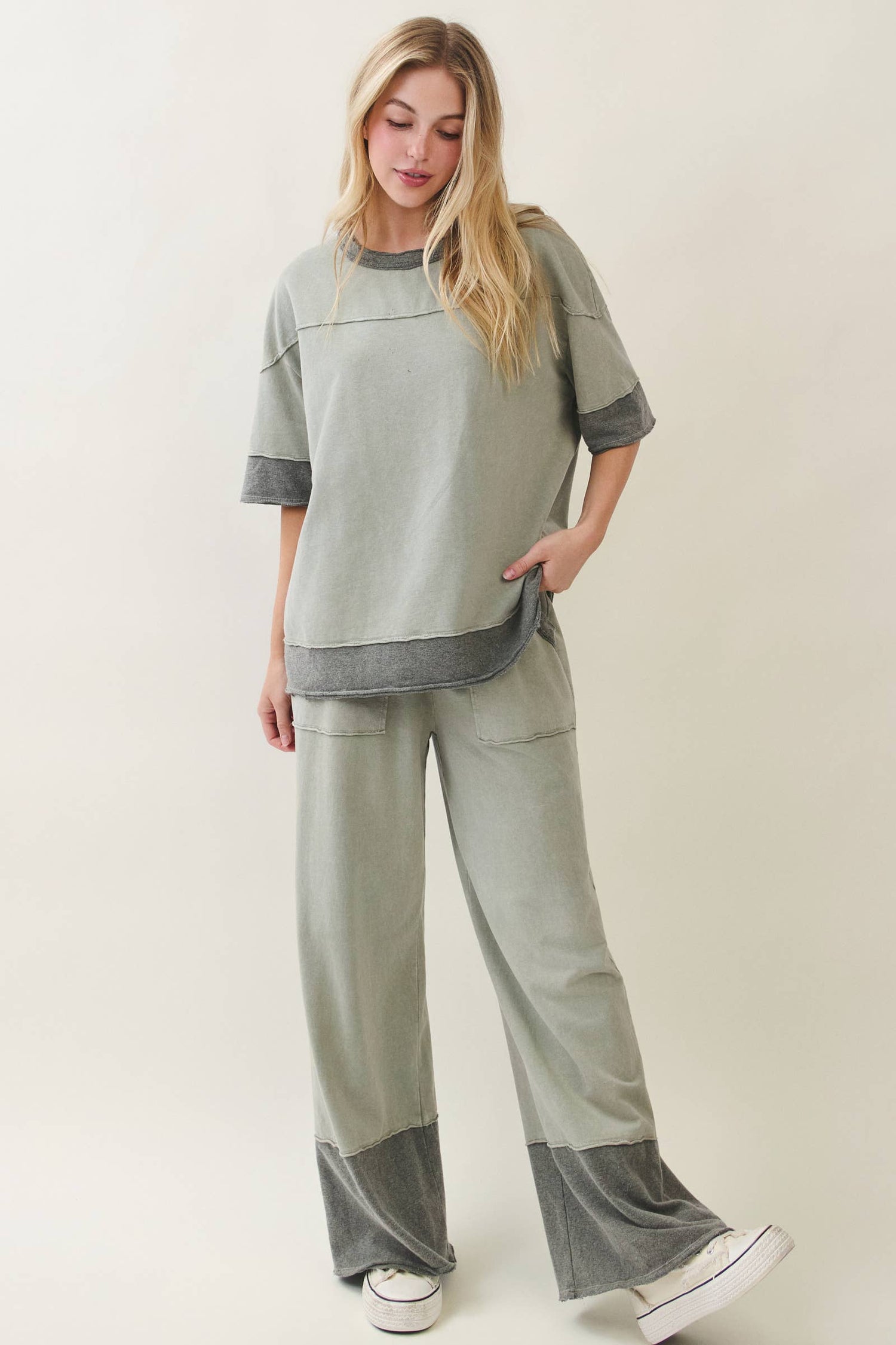 Mineral Washed Contrast Block Terry Top