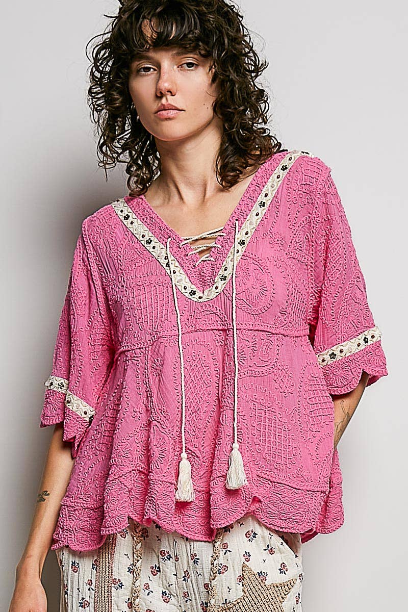Short Sleeve Crochet V Neck Top