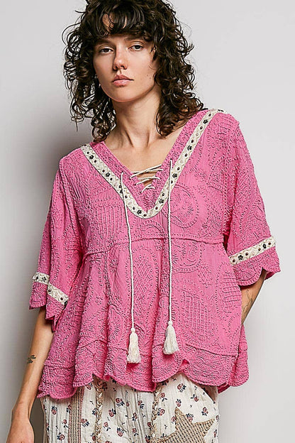 Short Sleeve Crochet V Neck Top