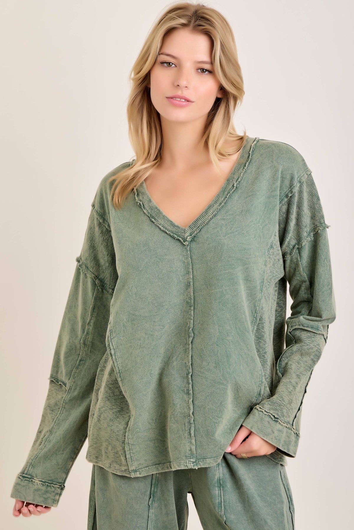 Mineral Washed Sweater Weather Vneck Knitted Top