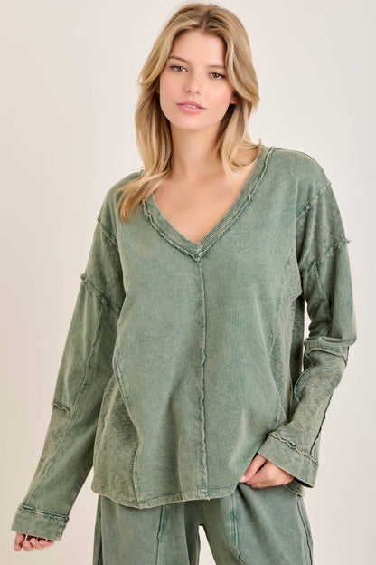 Mineral Washed Sweater Weather Vneck Knitted Top