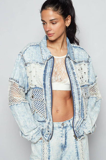 Long sleeve stud 3D cargo pockets denim jacket