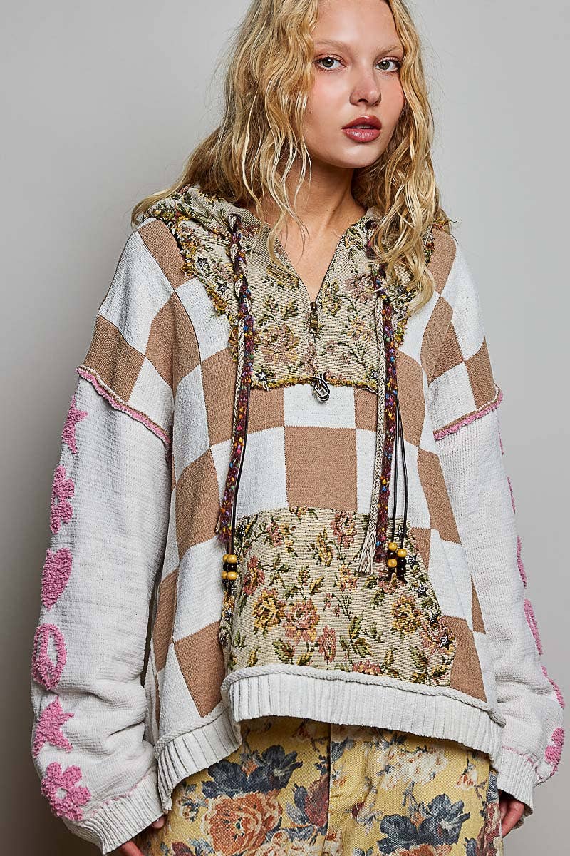 Checkerboard Floral Jacquard Knit Hoodie
