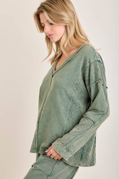 Mineral Washed Sweater Weather Vneck Knitted Top