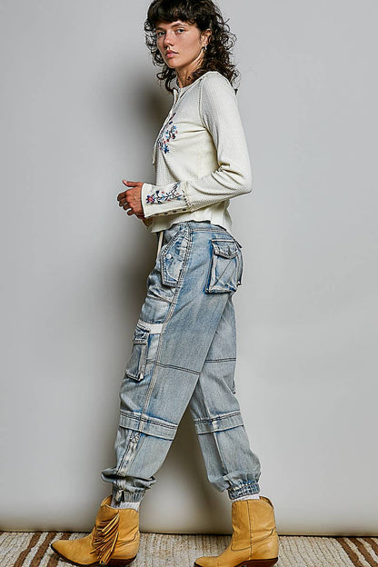 Cargo Drawstring Waist Baggy Denim Joggers