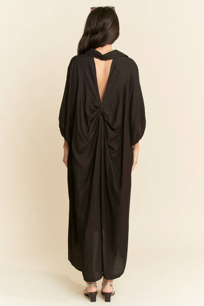 Oversized Twist-Back Collared Maxi Shirt Dress