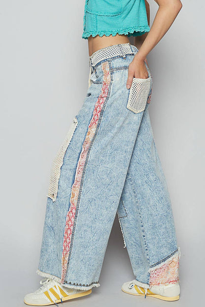 Stud detail woven denim pants