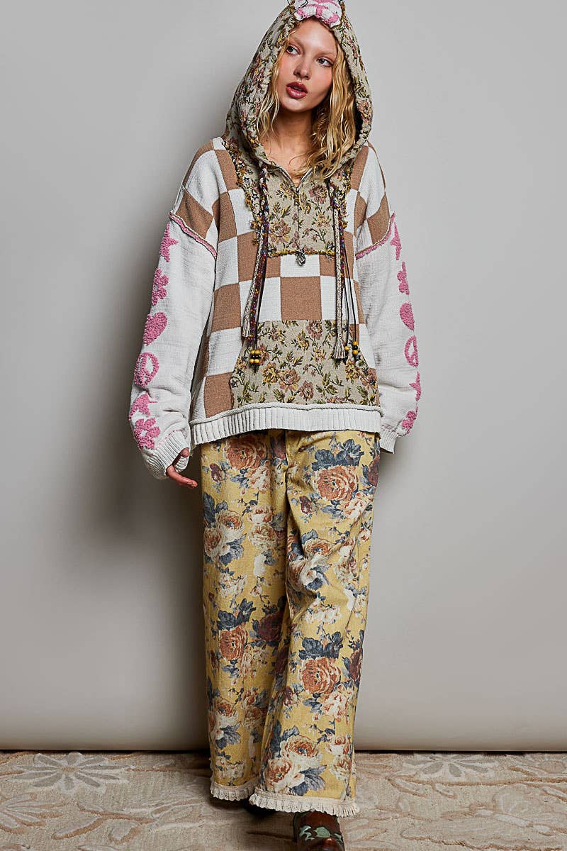 Checkerboard Floral Jacquard Knit Hoodie