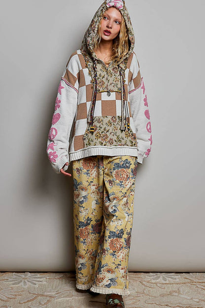 Checkerboard Floral Jacquard Knit Hoodie