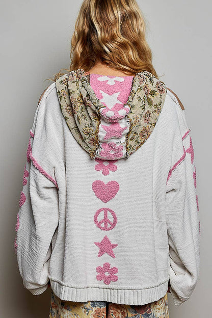 Checkerboard Floral Jacquard Knit Hoodie