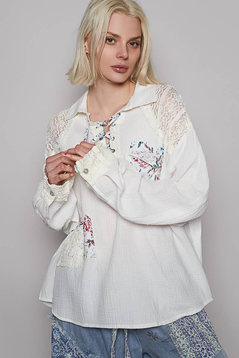 V-neck Contrast Double Gauze Top