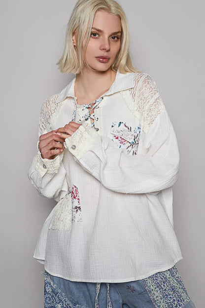 V-neck Contrast Double Gauze Top