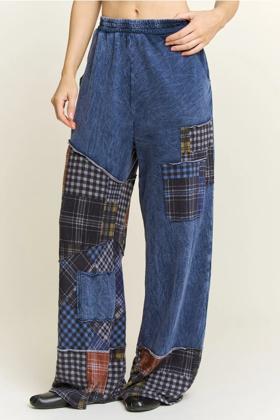 Mineral Washed Boho Plaid Patchwork Wideleg Pants